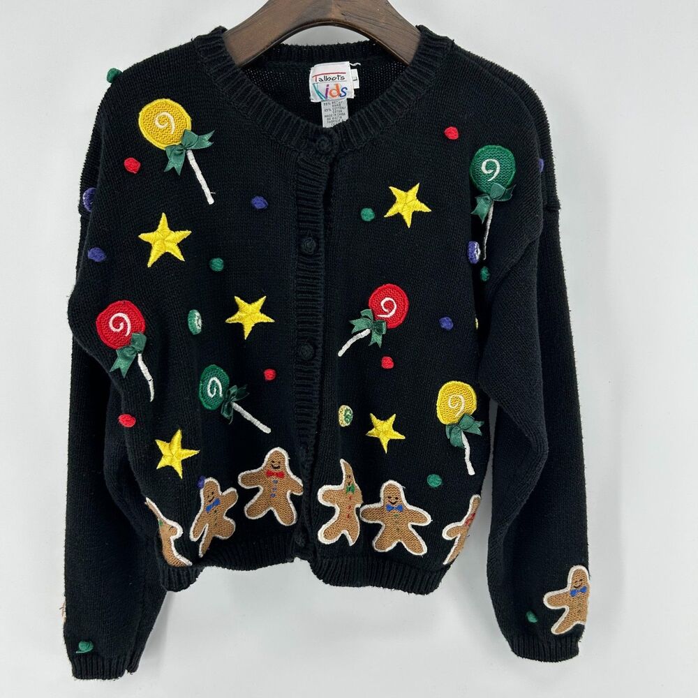 Vintage Talbots Christmas Sweater Kids L Black Gingerbread Man Holiday Cardigan